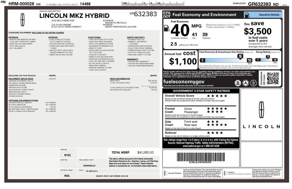 2016 Lincoln MKZ Hybrid Base
